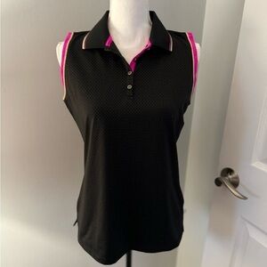 Lady Hagen Golf Shirt Button Front Size M Fun Black w/gold dots white & pink.